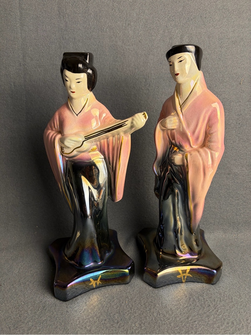 Vintage 50s Japanese Lusterware Figurines Iridescent Pink & Black Geisha Couple